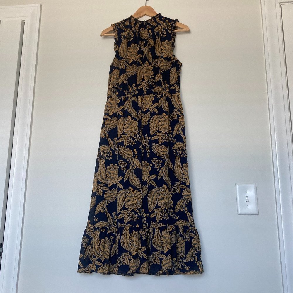 J. Crew navy gold floral sleeveless keyhole midi smocked ruffle dress